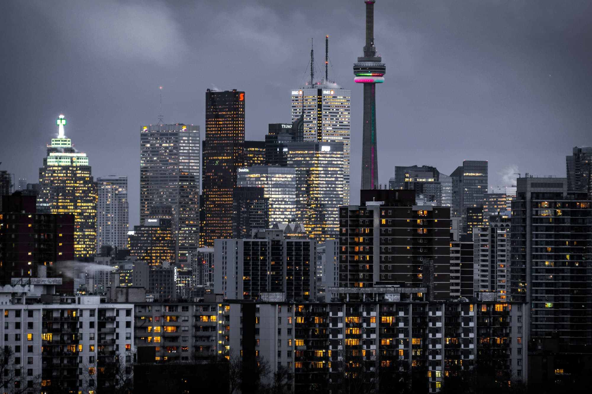 City skyline with high-rise buildings at dusk